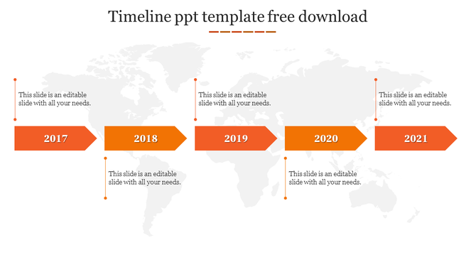 Project timeline infographic with orange arrows marking years 2017-2021, linked to captions by dotted lines on a world map.