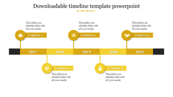 Modern timeline infographic with a gold horizontal bar, five milestone years, and alternating circular icons with captions. 