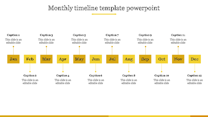 Structured timeline with twelve yellow blocks representing months, connected to alternating caption areas.
