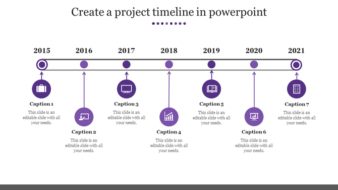 Project timeline PPT slide from 2015 to 2021 with purple icons and milestone markers with captions on a white backdrop.