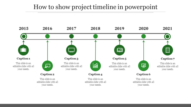 Project timeline slide from 2015 to 2021, showcasing seven milestones with icons and captions for each year.