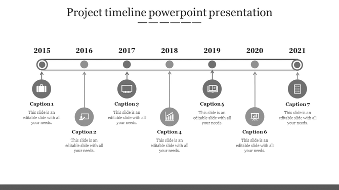 Horizontal black-and-white timeline from 2015 to 2021, with icons and placeholder area below each year.