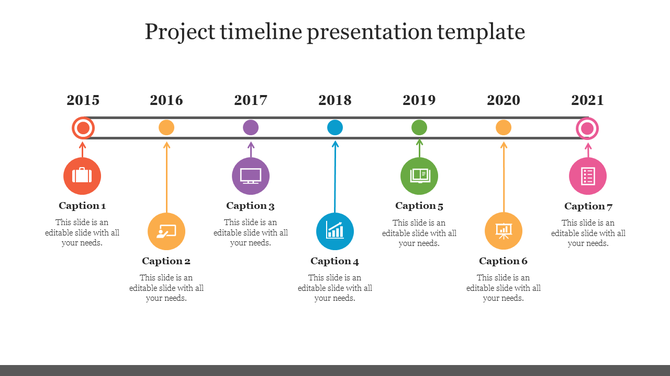Horizontal timeline with seven colorful circular icons linked with arrows, representing 2015 to 2021 on a white background.