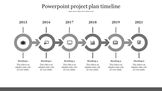 Horizontal timeline with circular markers in gray, connected by arrows, representing the years 2015 to 2021.