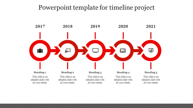 Horizontal timeline from 2015 to 2020 with blue labels, icons above each year, and placeholder text below. 