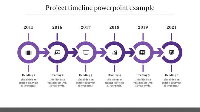 Project timeline slide showing key milestones from 2015 to 2021, with purple icons and headings for each year.