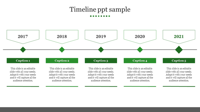 Timeline featuring diamond shaped year markers for 2017 to 2021, each with green accents, connected by a line.
