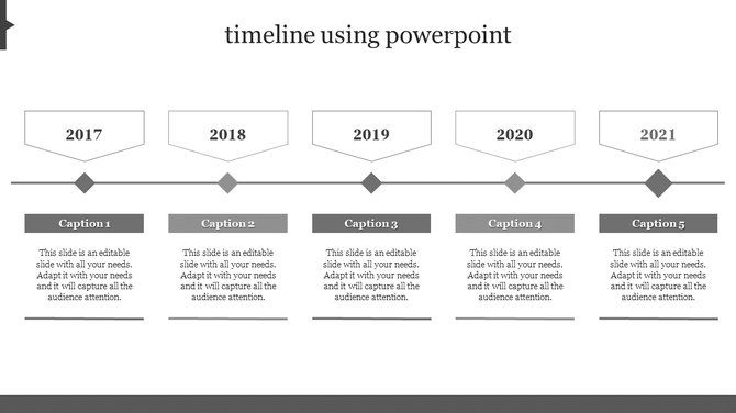 Monochrome linear timeline from 2017 to 2021 with year marker above a gray horizontal line, connected to caption boxes below.