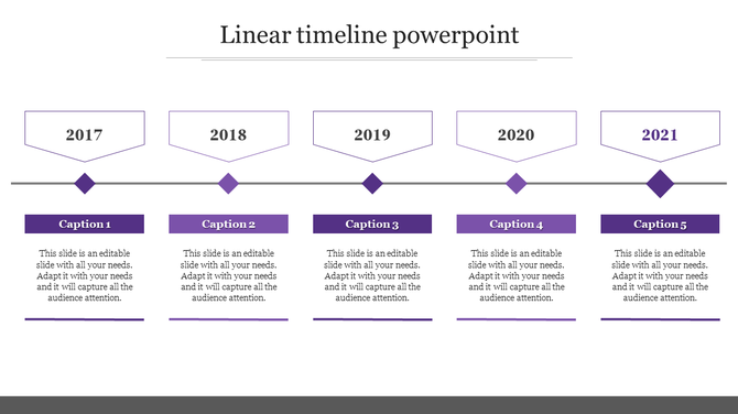 Horizontal timeline in purple with diamond shaped markers for the years 2017 to 2021, and paired with text areas.