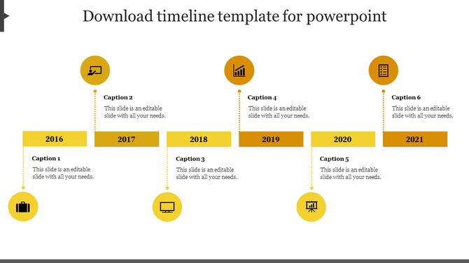 Six step horizontal timeline from 2016 to 2021, featuring rectangles for years, circular icons for milestones, and captions.