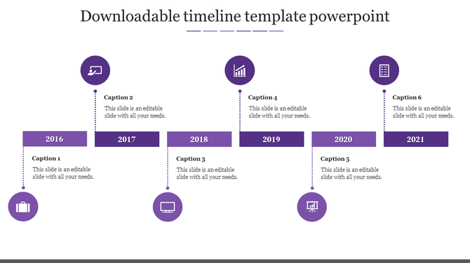 Yearly timeline template with six sections, each showing a year, icon, and caption areas.
