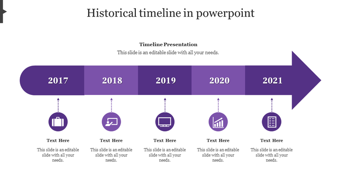 Purple timeline with arrow and year markers from 2017 to 2021, each with icons below, paired eith text content.