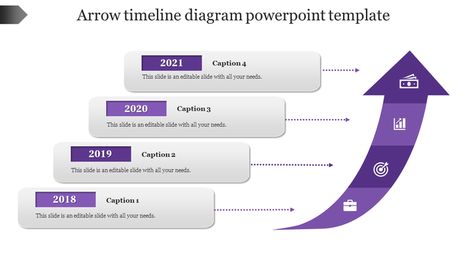 Arrow timeline diagram with four gray caption boxes for years 2018 to 2021, aligned with a purple arrow featuring icons. 
