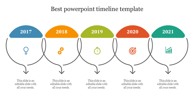 Timeline with circular markers in blue, orange, green, red, and teal, each representing year from 2017 to 2021.