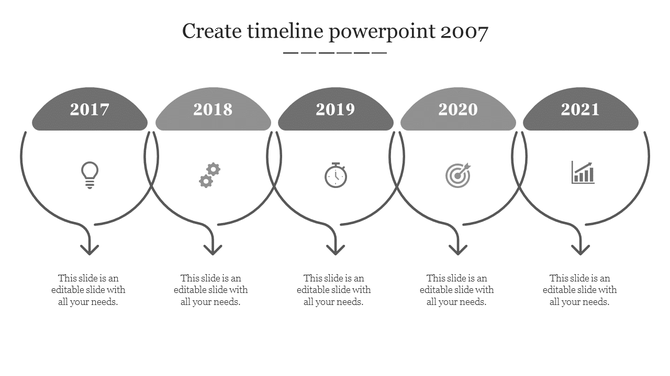Creating a timeline PowerPoint slide with years from 2017 to 2021, each marked by an icon and connected by arrows with text.