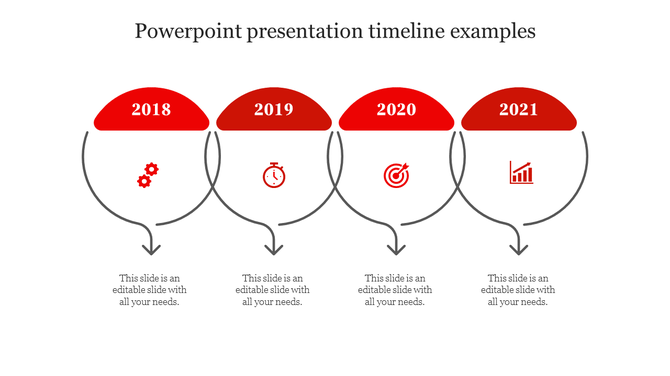 Timeline PPT slide with years 2018 to 2021, each marked by a red icon and connected with arrows and placeholder text.