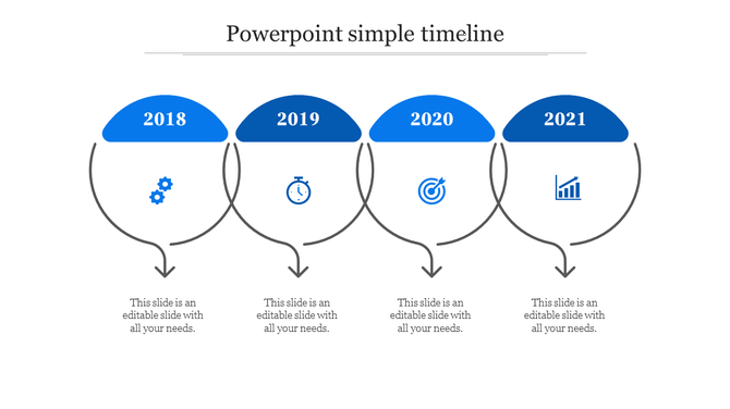 Curved timeline with four blue segments labeled 2018 to 2021, each featuring an icon and text below connected by arrows. 