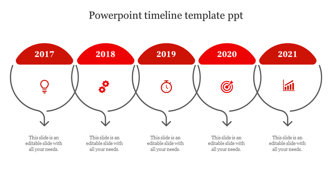 Five year circular timeline with red headers, each containing icons and linked with arrows pointing down.