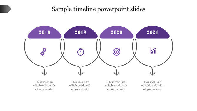 Timeline PPT slide with years 2018 to 2021, each marked by a purple icon and connected with arrows and placeholder text.
