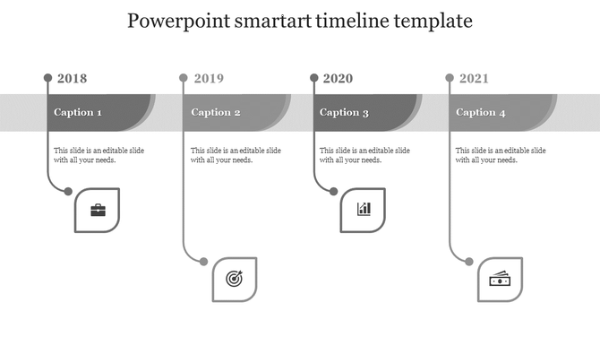 Horizontal grayscale timeline with four segments from 2018 to 2021, each linked to curved connectors and square icons below. 