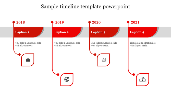 Sample PowerPoint timeline template with years from 2018 to 2021, each year labeled with red captions and icons.