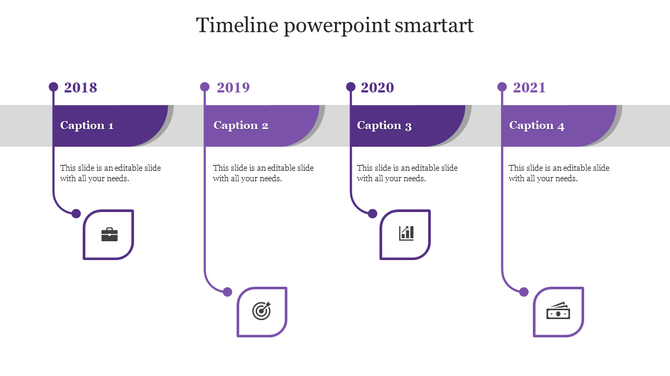 Sample PowerPoint timeline template with years from 2018 to 2021, each year labeled with purple captions and icons.