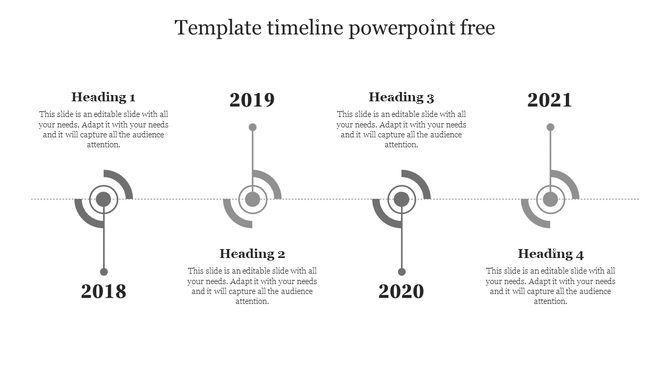 Horizontal timeline with circular markers for years 2018 to 2021, each linked to text descriptions with dotted connectors. 