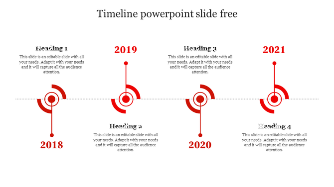 Timeline with red circular year markers, connected by a dotted line, and captions for each year from 2018 to 2021.