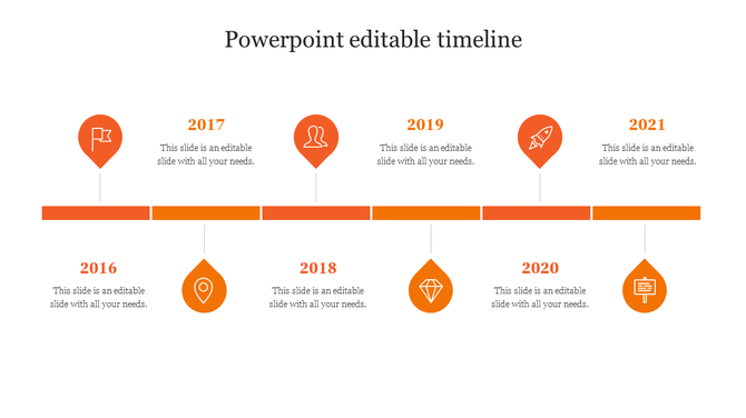 Timeline PPT slide with years from 2016 to 2021, each marked by an orange icon and connected by a horizontal bar.