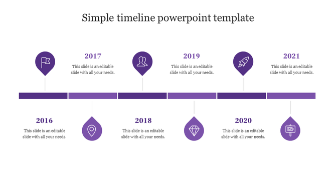Timeline PPT slide with years from 2016 to 2021, each marked by a purple icon and connected by a horizontal bar.