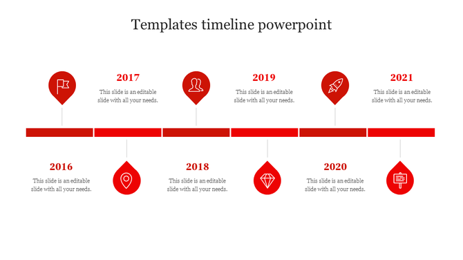 Ted timeline with circular year markers from 2016 to 2021, each with an icon and text, connected on a horizontal line.