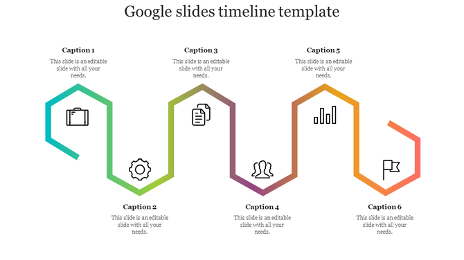 Zigzag timeline with colorful hexagonal icons in teal, green, purple, orange, and red, featuring business related symbols.