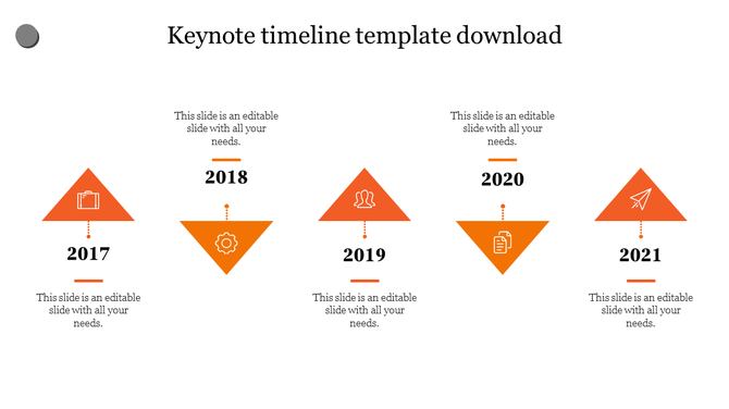Keynote timeline with upright and inverted orange triangles marking years 2017 to 2021, each featuring relevant icons. 