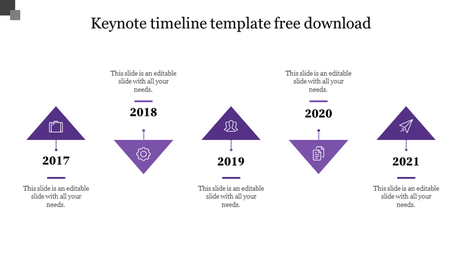 Purple themed timeline with year blocks shaped like triangles, each connected by dots and featuring icons and captions.