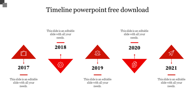 Red timeline with triangular markers for years 2017 to 2021, featuring icons like a briefcase, gears, and a paper plane. 