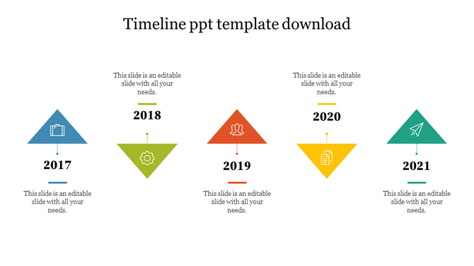 Horizontal timeline with triangles for years 2017 to 2021, featuring icons with dotted connectors to text below each year. 