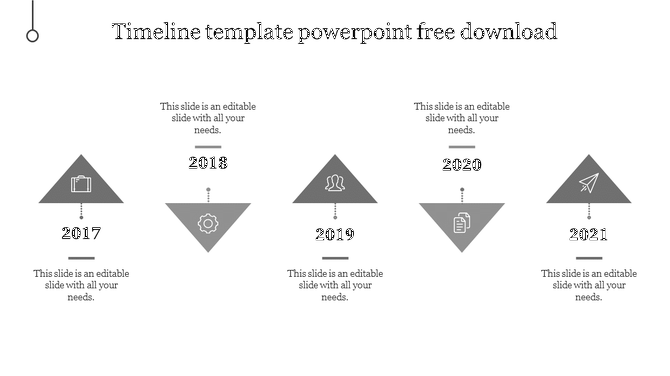Gray timeline with triangular year markers from 2017 to 2021, arranged alternatively, each with an icon and text block.