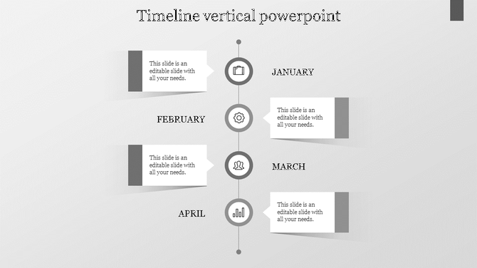 Vertical gray timeline with four months labeled from January to April, each containing circular icons and text blocks.