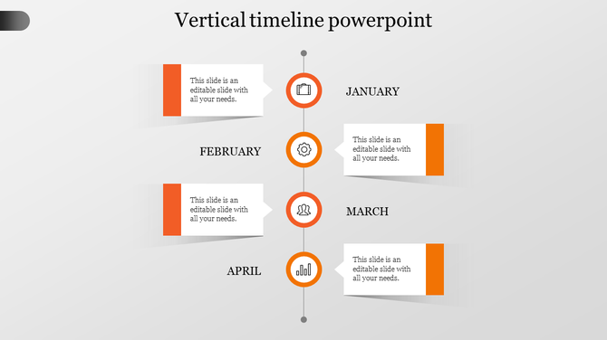 Vertical timeline PPT slide with months from January to April, each labeled with a month and accompanied by an orange icon.