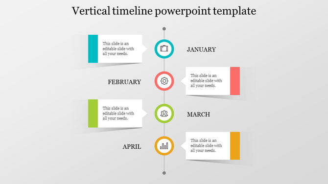 Slide showcasing a vertical timeline for January to April with aligned text boxes and matching icons.