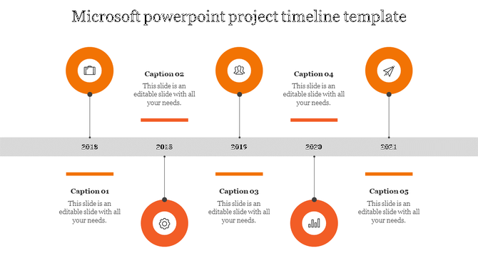 Timeline with five orange circular icons with year from 2018 to 2021, connected with a grey horizontal line and captions.