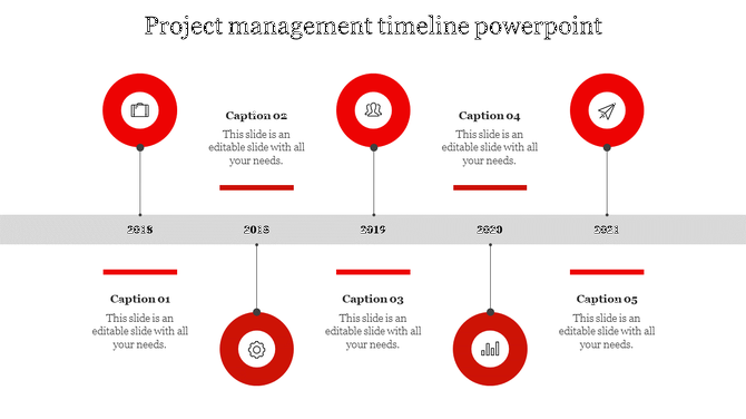 Modern red and white project timeline with circular icons, a horizontal bar, and captions marking events from 2018 to 2021. 