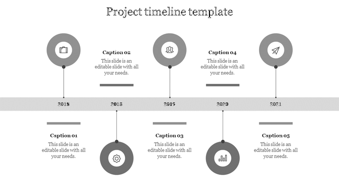 Gray project timeline with circular icons marking milestones from 2018 to 2021, connected by a horizontal bar with  captions.