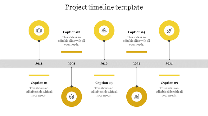 Yellow and gray project timeline from 2018 to 2021 with five milestones, each represented by a distinct circular icons.