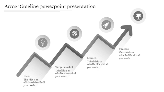 Upward arrow timeline with four stages, each marked by circular icons idea, target, launch, and success, in grayscale design.