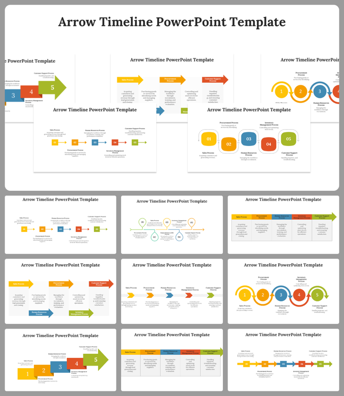 A collection of various arrow timeline slides showcasing different layouts and designs for presenting sequential processes.