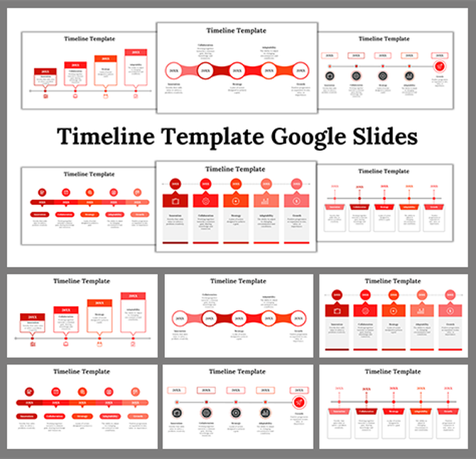 Collection of timeline slides, featuring various designs and layouts in red and white themes with icons.