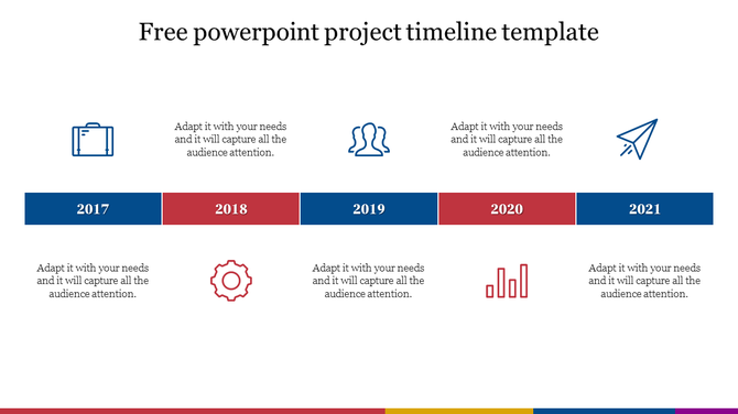 Project timeline PPT template featuring icons for each year from 2017 to 2021 and captions on a white backdrop.