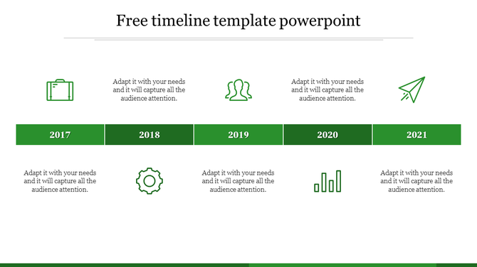 Timeline PPT template with years 2017 to 2021, each marked by green icons and connected by a horizontal line.