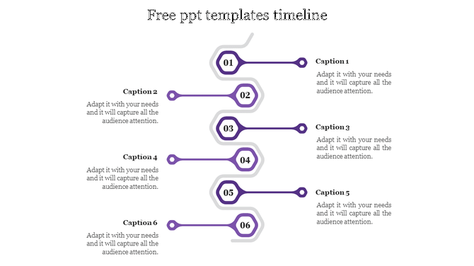 Vertical timeline with six numbered purple nodes in a zigzag pattern and captions on either side.